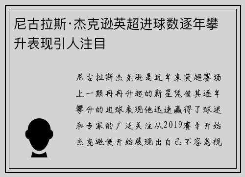尼古拉斯·杰克逊英超进球数逐年攀升表现引人注目